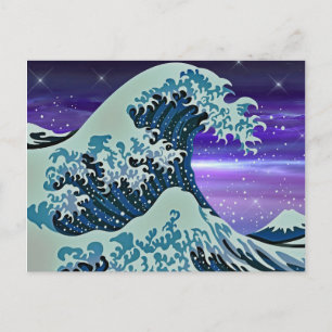 Blue Tsunami Wave Japanese Drawing Postcard