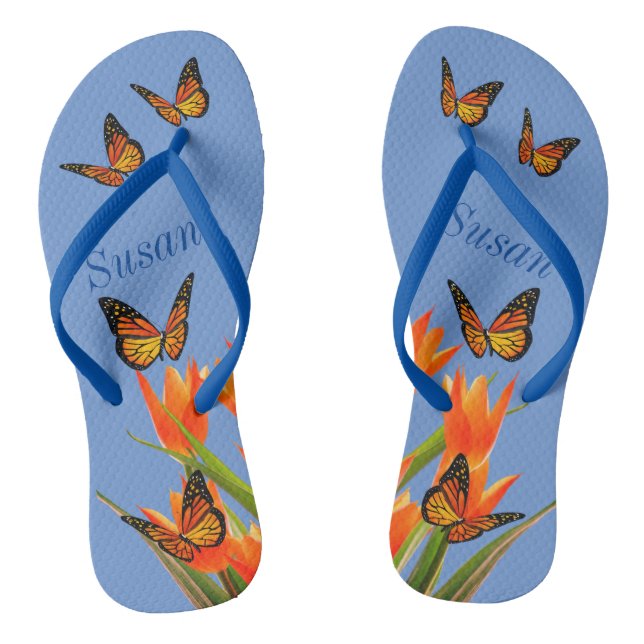 Blue Tulip & Butterflies Pair of Flip Flops (Footbed)