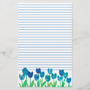 Blue Tulip Garden Watercolor Flowers Lined Stationery