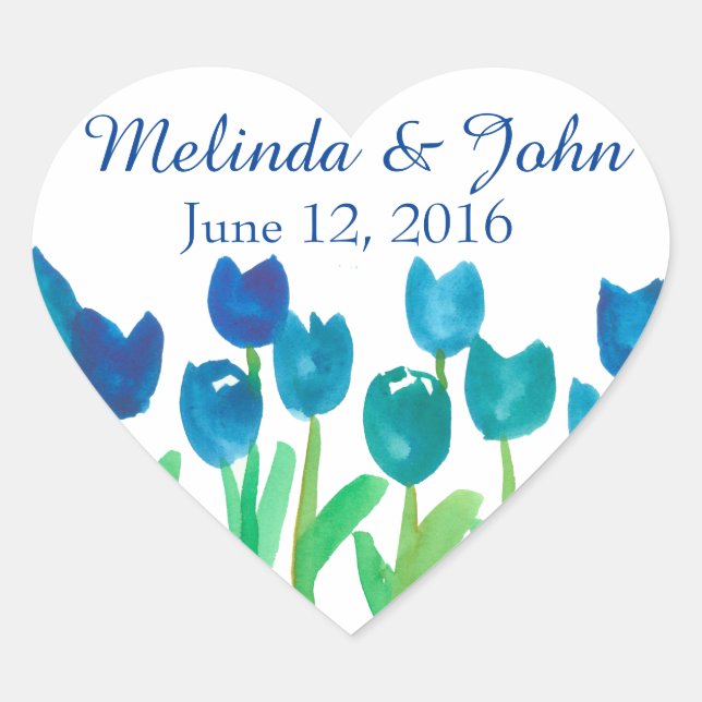 Blue Tulip Garden Watercolor Flowers Wedding Heart Sticker (Front)