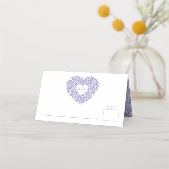 Blue tulip heart drawing monogram wedding place card (Front)