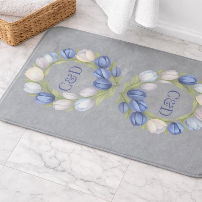 Blue Tulip Monogram Bath Mat Floral Elegant (Creator Uploaded)