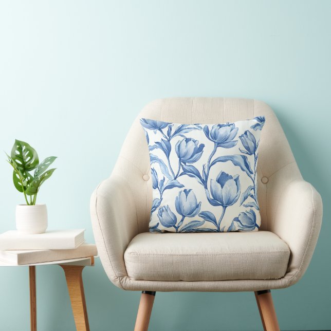 Blue Tulip vintage floral pattern Cushion (Chair)