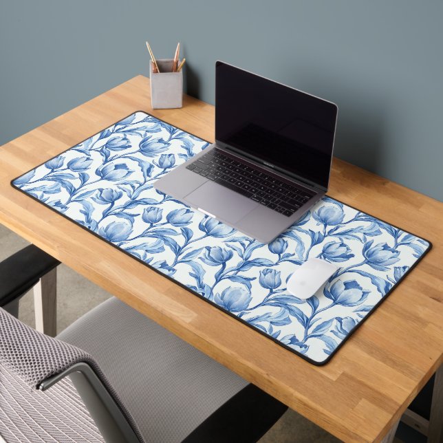 Blue Tulip vintage floral pattern Desk Mat (Office 2)