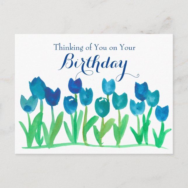 Blue Tulip Watercolor Flowers Happy Birthday Postcard (Front)