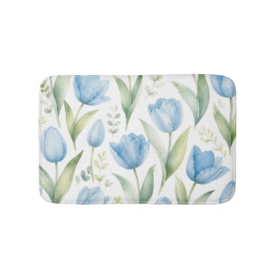 Blue Tulips Watercolor Floral Painting Botanical Bath Mat