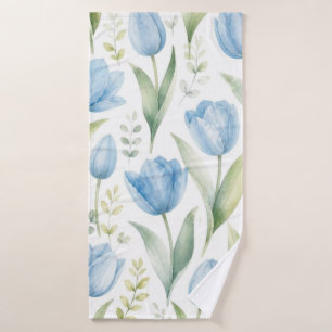 Blue Tulips Watercolor Floral Painting Botanical Bath Towel