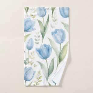 Blue Tulips Watercolor Floral Painting Botanical Hand Towel