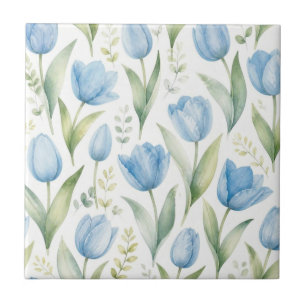 Blue Tulips Watercolor Floral Painting Botanical Tile