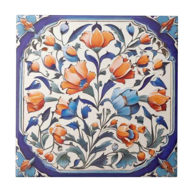 Blue Turkish Floral Orange Poppies Poppy Flowers Tile (Front)