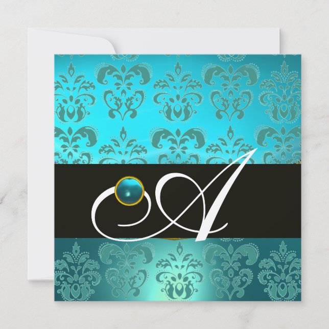 BLUE TURQUASE BLACK CHAMPAGNE DAMASK MONOGRAM INVITATION (Front)