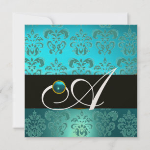 BLUE TURQUASE BLACK CHAMPAGNE DAMASK MONOGRAM INVITATION