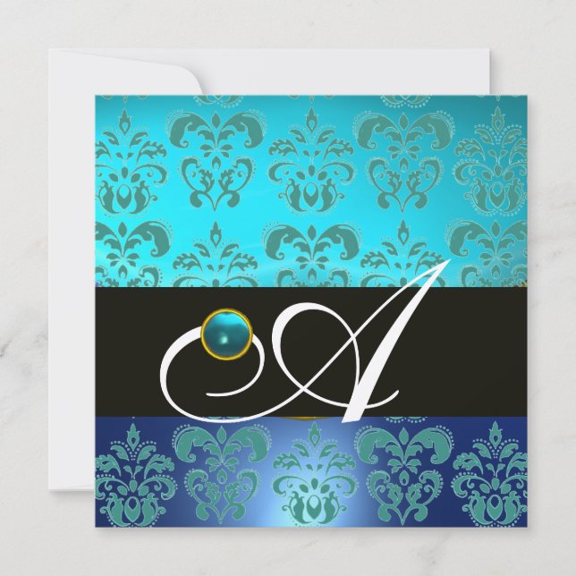 BLUE TURQUASE BLACK CHAMPAGNE DAMASK MONOGRAM INVITATION (Front)