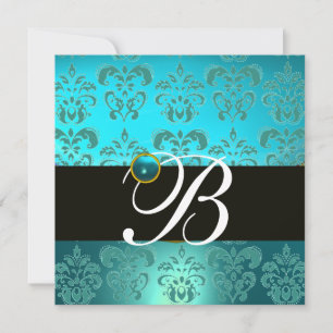 BLUE TURQUASE BLACK  DAMASK MONOGRAM , aquamarine Invitation