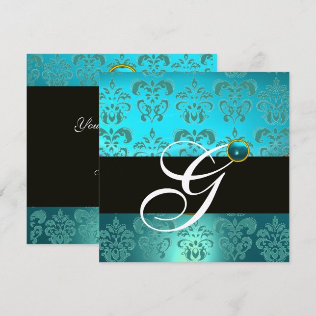 BLUE TURQUASE BLACK SILVER DAMASK MONOGRAM INVITATION (Front/Back)