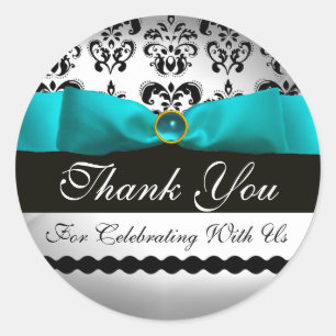 BLUE TURQUASE & WHITE DAMASK RIBBON Aquamarine Classic Round Sticker