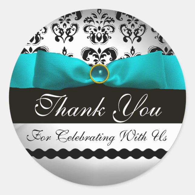 BLUE TURQUASE & WHITE DAMASK RIBBON Aquamarine Classic Round Sticker (Front)