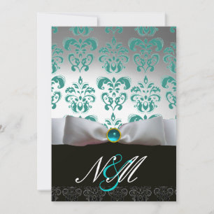 BLUE TURQUASE WHITE RIBBON BLACK DAMASK MONOGRAM INVITATION