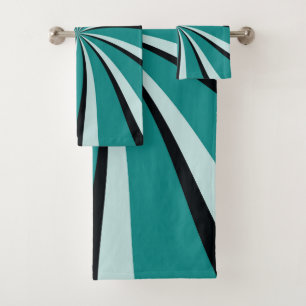 Blue, turquoise and black retro style sun rays bath towel set