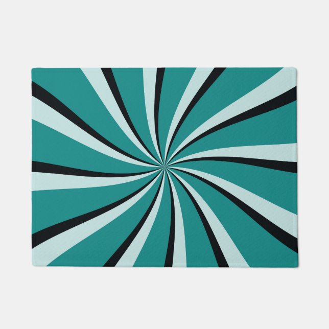 Blue, turquoise and black retro style sun rays doormat (Front)