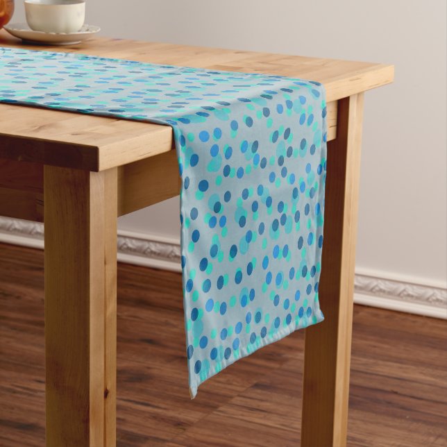 blue, turquoise and blue-gray polka dots short table runner (In Situ)