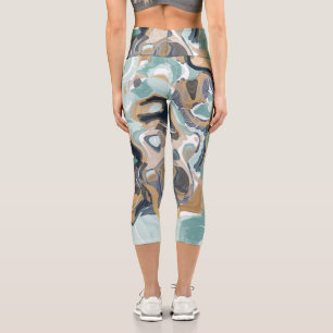 Blue, Turquoise and Gold Swirled Marble Capri Leggings