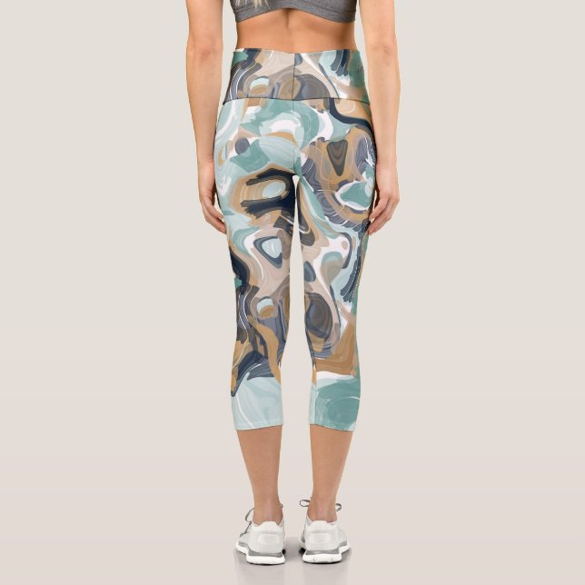 Blue, Turquoise and Gold Swirled Marble Capri Leggings (Back)
