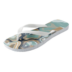 Blue, Turquoise and Gold Swirled Marble Flip Flops