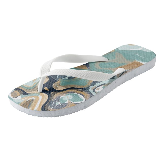 Blue, Turquoise and Gold Swirled Marble Flip Flops (Angled)