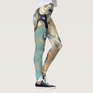 Blue, Turquoise and Gold Swirled Marble Leggings