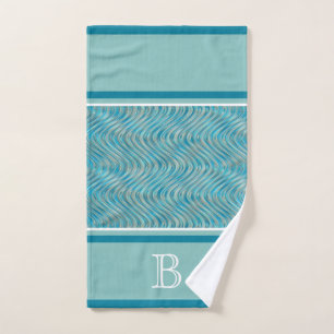 Blue Turquoise Aqua Taupe Curved Lines Art Pattern Bath Towel Set