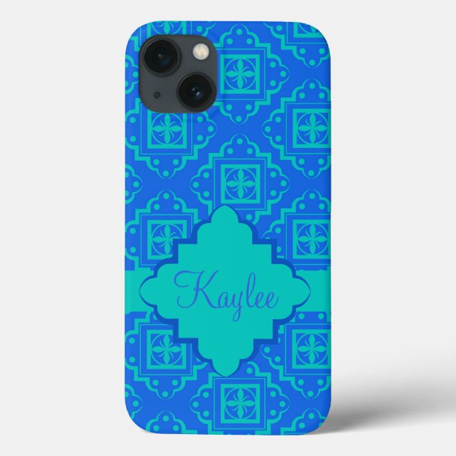 Blue Turquoise Arabesque Moroccan Name Personalise Case-Mate iPhone Case (Back)