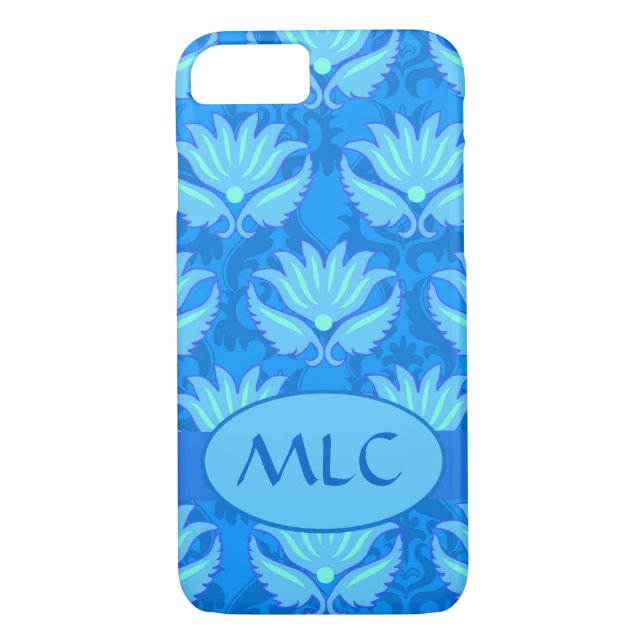 Blue Turquoise Art Nouveau Damask Monogram Custom Case-Mate iPhone Case (Back)