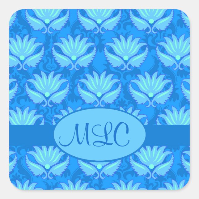 Blue Turquoise Art Nouveau Damask Monogram Square Sticker (Front)