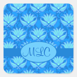 Blue Turquoise Art Nouveau Damask Monogram Square Sticker