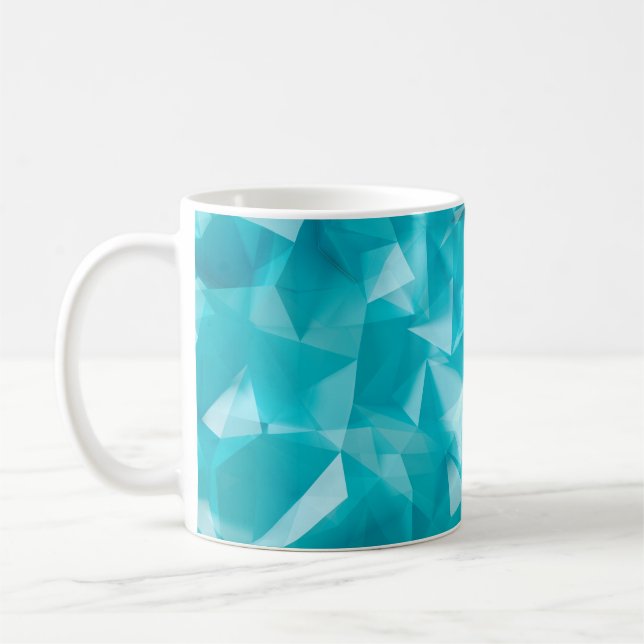 Blue, turquoise background with crystals, triangle coffee mug (Left)