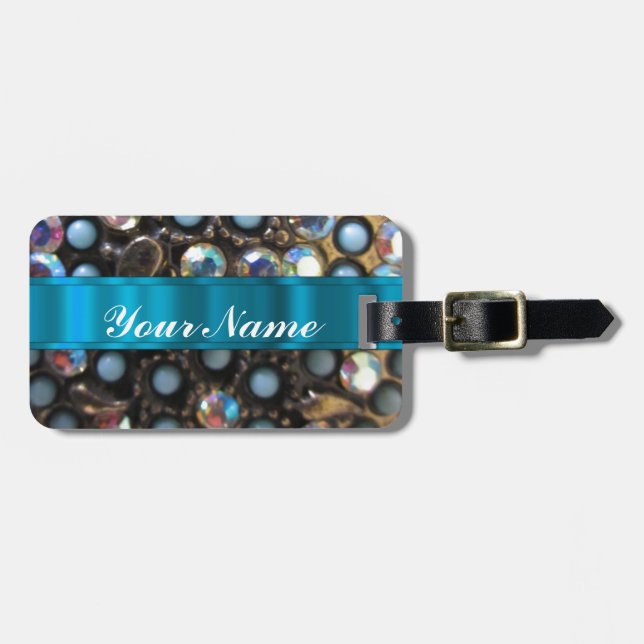 Blue turquoise beaded luggage tag (Front Horizontal)