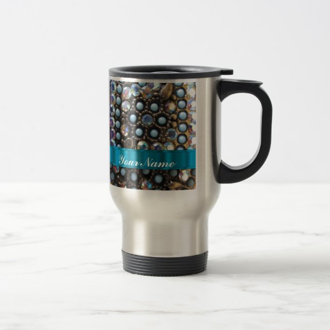 Blue turquoise beaded travel mug (Right)