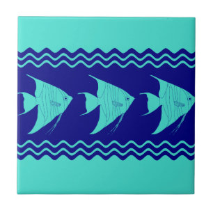 Blue Turquoise Coastal Angelfish Stripes Tile