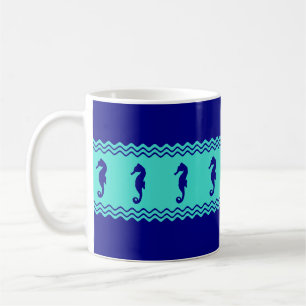 Blue Turquoise Coastal Seahorses Stripes Coffee Mug