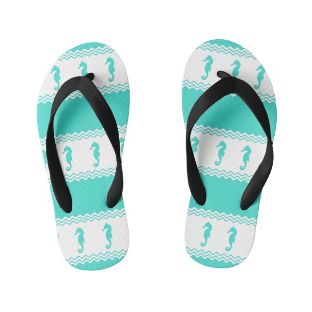 Blue Turquoise Coastal Seahorses Stripes Kid's Flip Flops (Footbed)