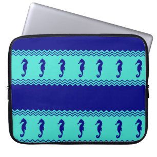 Blue Turquoise Coastal Seahorses Stripes Laptop Sleeve