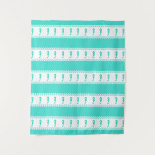Blue Turquoise Coastal Seahorses Stripes Tapestry