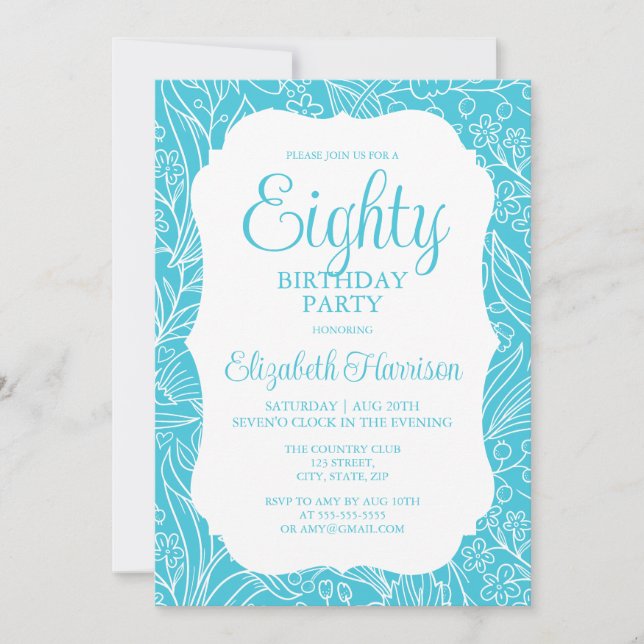 Blue Turquoise Flora Woman 80th Birthday Party Invitation (Front)