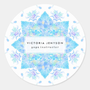 Blue turquoise floral watercolor handdrawn mandala classic round sticker