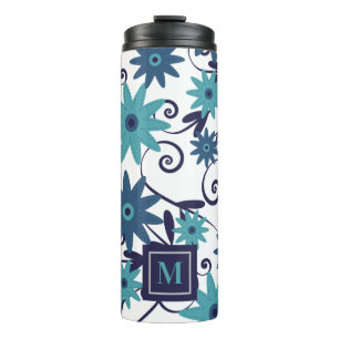 Blue Turquoise Flowers Monogram Thermal Tumbler