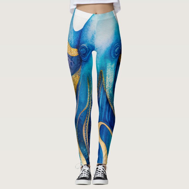 Blue Turquoise Gold Octopus Leggings (Front)