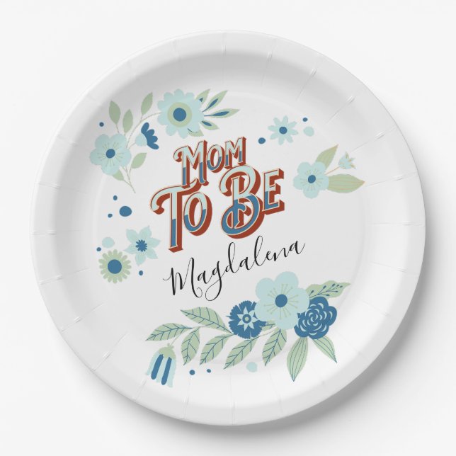 Blue Turquoise Green Flowers Mum To Be Paper Plate (Front)
