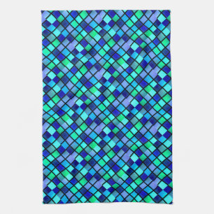 Blue Turquoise Green Purple Stained Glass Art Tea Towel