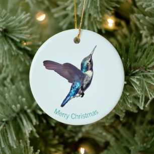 Blue Turquoise Hummingbird on Light Blue Ceramic Tree Decoration